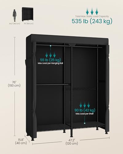 SONGMICS Clothing Rack, Heavy-Duty Garment Rack with Adjustable Storage Shelves and Hanging Rails, Fabric Cover, Freestanding Portable Wardrobe Closet, Ink Black ULGR424BH01