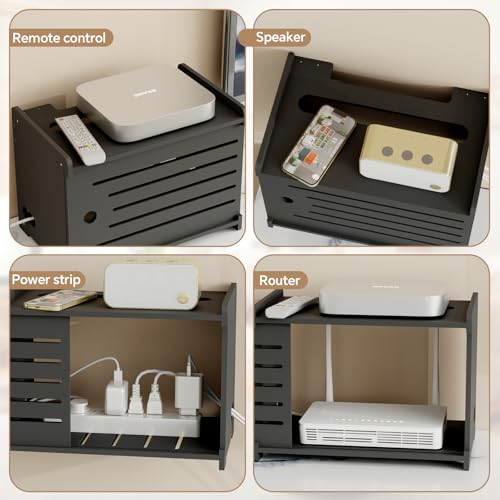 Wooden WiFi Router Storage Box Hider Shelf, Decorative Projector Box Hider Rack Countertop, for Cable, Modem, Internet, Router Power Cover Storage Organizer Cabinet Wall Mounted, Black
