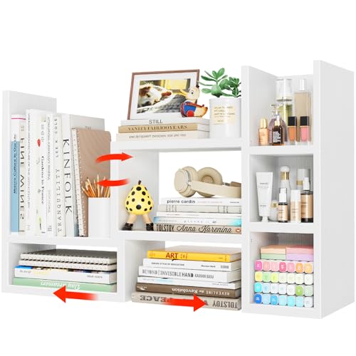 NUTIKAS Desk Shelves Desktop Organizer Shelf - White Office Organization for Top of Desk Organizers and Accessories Corner Bookshelf Table Top Shelving Small Hutch Decorations for Women Office