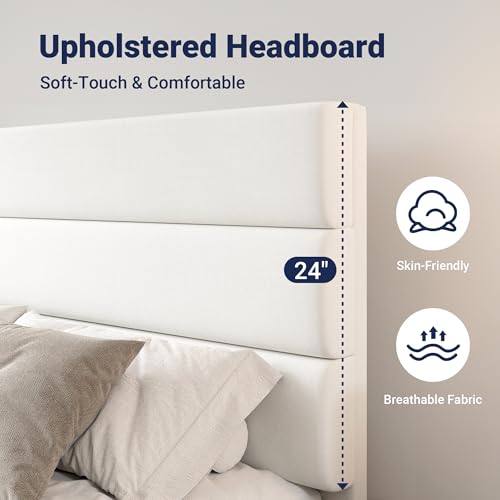 Allewie Modern Queen Size Platform Bed Frame with 4 Storage Drawers | Velvet Upholstered Headboard, Wooden Slats Support, Upholstered Mattress Foundation/No Box Spring Needed/Easy Assembly, White