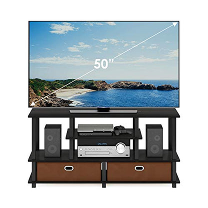 Furinno Jaya Toolless Assembly TV Stand for TV up to 55 Inch, 4-Tier Entertainment Center, TV Console with 2 Storage Bins, for Living Room, Bedroom, Home Office, Black Espresso