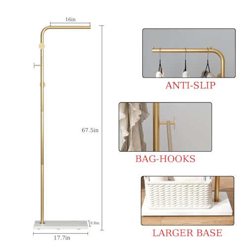 Gold Coat Racks, Metal Coat Racks Freestanding with Crossbar and 3 Hooks, Modern Coat Hanger with Marble Base, L Shaped Coat Stand for Entryway, Bedroom, Living Room, Office