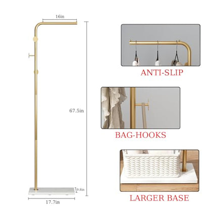 Gold Coat Racks, Metal Coat Racks Freestanding with Crossbar and 3 Hooks, Modern Coat Hanger with Marble Base, L Shaped Coat Stand for Entryway, Bedroom, Living Room, Office