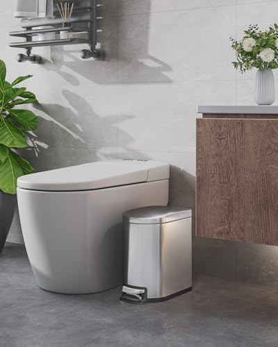 GarveeHome 1.6 Gal Step-On Trash Can, Stainless Steel Small Bathroom Garbage Bin with Soft Close Lid, Slim Space-Saving Design, Removable Inner Bucket for Bathroom, Bedroom, Office, Silver