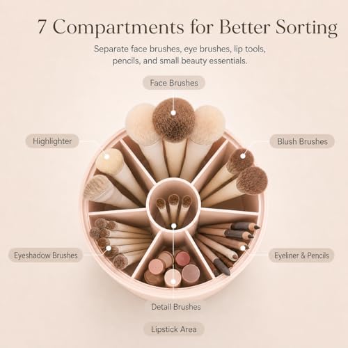 EACHY Makeup Brush Holder with Lid, 360° Rotating Vanity Organizer for Brushes, Dustproof Cosmetic Display Case, 7 Compartments, Waterproof Plastic (White)
