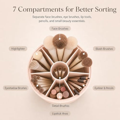 EACHY Makeup Brush Holder with Lid, 360° Rotating Vanity Organizer for Brushes, Dustproof Cosmetic Display Case, 7 Compartments, Waterproof Plastic (White)