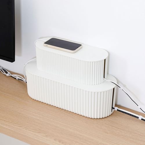 White Cable Management Box with Lid, Large, Plastic | Cable Box Organizer, For Wire, Power Strip, Surge Protector, Extension Cords Hider Cover, For Home Office, Desk and Floor