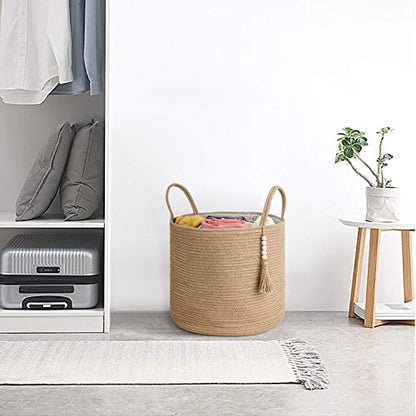 Mkono Woven Storage Basket for Blanket, Toys Plant Organizer, 16"W x 13.8"L | Brown, Jute, Decorative Basket with Handle, Wood Beads Tassel, Shoes Towel Clothes Storage Bin, Living Room Bedroom Nursery