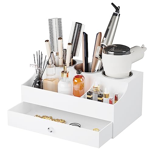 Hair Tool Organizer, Acrylic Hair Blow Dryer Holder Stand for Straightener and Curling Storage, Bathroom Vanity Countertop Organization for Makeup Accessories (White)