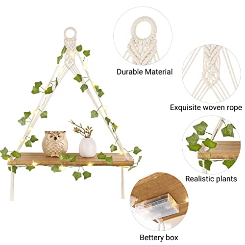 Mkono Macrame Wall Hanging Shelves Set of 2 with Artificial Ivy Lights | Boho Wall Decor, Wood Floating Storage Shelf, Display Plants Photos, Bedroom Bathroom Living Room Nursery Dorm Kitchen, White