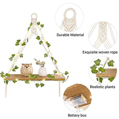 Mkono Macrame Wall Hanging Shelves Set of 2 with Artificial Ivy Lights | Boho Wall Decor, Wood Floating Storage Shelf, Display Plants Photos, Bedroom Bathroom Living Room Nursery Dorm Kitchen, White