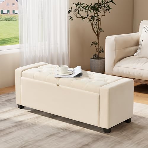 Ottoman with Storage,Tufted Storage Bench with Safety Hinge,Holds up to 350 lb,Upholstered Bench with Seating for Bedroom, Living Room,Entryway,Linen Beige