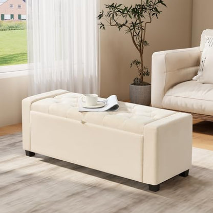 Ottoman with Storage,Tufted Storage Bench with Safety Hinge,Holds up to 350 lb,Upholstered Bench with Seating for Bedroom, Living Room,Entryway,Linen Beige