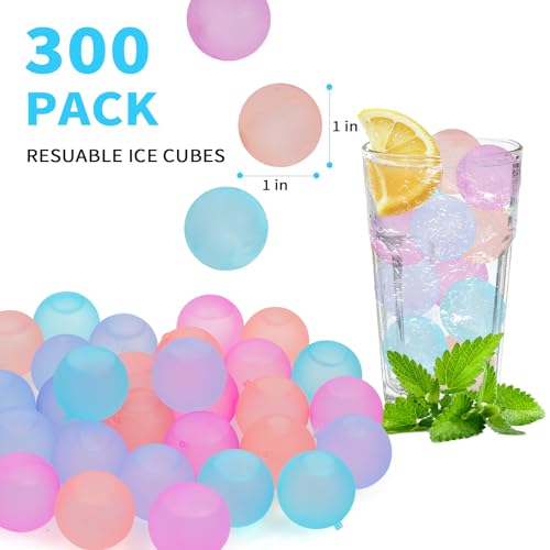 Reusable Ice Cubes for Coolers, Color-Changing, Round, 300 Pack | BPA-Free Plastic Ice Cubes, Fake Ice Look, Won't Dilute Flavor, Refreezable, Storage Bag, Whiskey Coffee Bars, Party Drinks