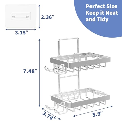 Moforoco Silver Double Soap Bar Holder for Shower, No Drilling Rustproof Stainless Steel, Wall Mounted Soap Holder with 4 Hooks and Razor Holder, Shower Rack Soap Tray Bar Soap for Bathroom & Kitchen