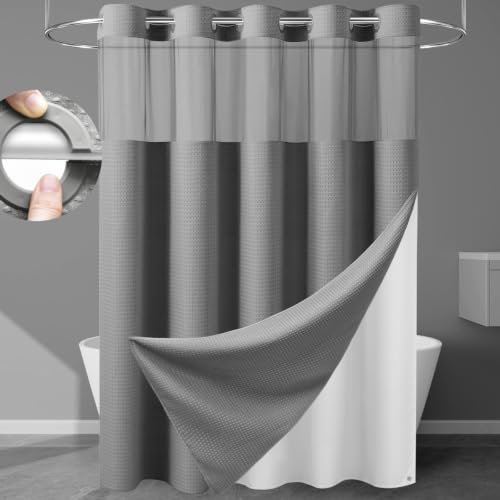 EUTXL 256GSM Heavyweight No Hook Waffle Shower Curtain, Grey, 71x74 | with Snap in Liner, Heavy Duty, Hotel Luxury Spa, Waterproof Fabric, Corner Magnets, 3 in 1 Set, Washable, Hang in Seconds