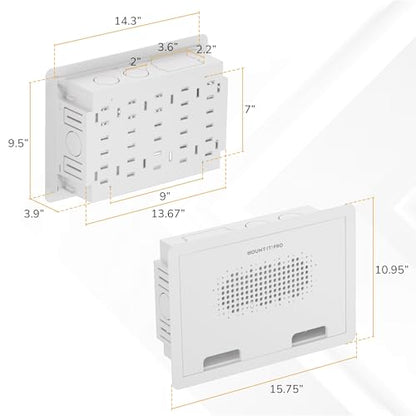 Mount-It PRO 9" Recessed in-Wall TV Media Box, Ventilated, 22 lbs | WiFi Friendly, Fits 16" Studs, for Samsung One Connect, Apple TV, Roku, Fire TV Stick, Router, Cable Management Kit, White