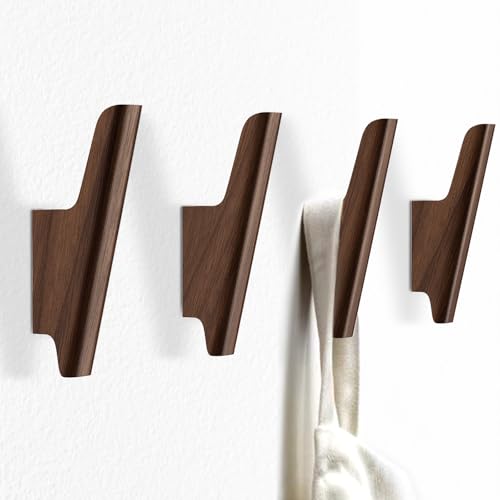 Wood Wall Hooks 4 Pack Coat Hooks Wall Mount, Towel Hooks for Bathrooms | Walnut Wooden Hooks for Hanging Hat, Bag, Backpack, Purse, Robe, Rustic Decor Coat Hooks for Wall Entryway Hooks(Walnut Dark)