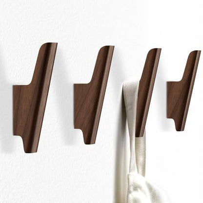 Wood Wall Hooks 4 Pack Coat Hooks Wall Mount, Towel Hooks for Bathrooms | Walnut Wooden Hooks for Hanging Hat, Bag, Backpack, Purse, Robe, Rustic Decor Coat Hooks for Wall Entryway Hooks(Walnut Dark)