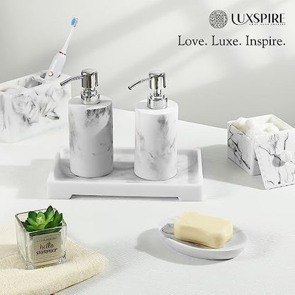 Luxspire Marble Tray for Soap Dispenser Perfume Jewelry, S, Marble White | 11 x 4 inch, non-slip waterproof resin, easy wipe clean, fits bath kitchen vanity, holds jewelry toiletries soap