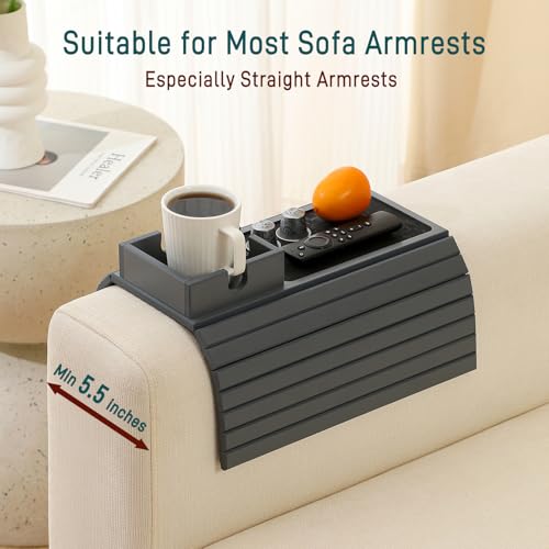 Bamboo Couch Cup Holder Arm Tray Table with Anti-Slip Cork Pad，Couch Drink Holder，Sofa Cup Holder Armrest Tray，Foldable Arm Chair Table Recliners for Drink, Cups, Eats，Snacks, Phone, Remote (Gray)