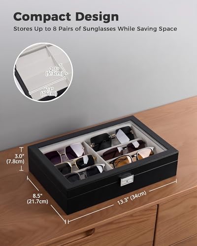 ProCase 8/16 Slots Sunglasses Organizer Box with Clear Glass Lid & Lock, PU Glasses Storage Display Case with Tilted Dividers