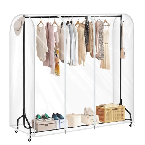 Garment Rack Cover waterproof ransparent Clothes Rack Cover, PEVA Dustproof Wardrobe Hanging Protector Rack Organizer with 2 Smooth Zipper (60 * 20 * 60inch)