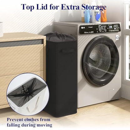 Optish 50L Slim Laundry Hamper, Small Laundry Basket With Handles, Black Narrow Laundry Basket for Dorm, Bedroom, Living Room, Collapsible Laundry Hamper