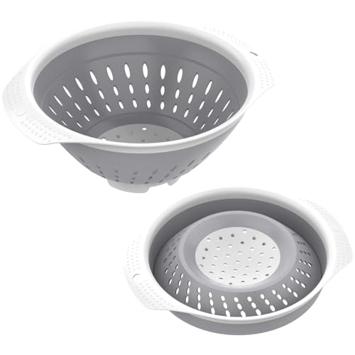5 Quart Collapsible Colander，BPA Free，Dishwasher Safe，Silicone Food Strainer with Plastic Handles，Heavy Duty Foldable Heat Resistant Pasta and Veggies Kitchen Drainer Steam Basket，Gray