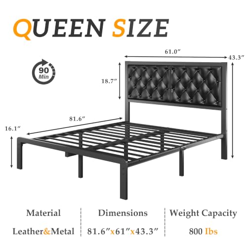 HISOFT Queen Bed Frame with Upholstered Button Tufted Headboard, Bed Frame Platform Metal Slats Support, Under Bed Storage, No Box Spring Needed, Noise-Free, Easy Assembly, Black