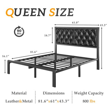 HISOFT Queen Bed Frame with Upholstered Button Tufted Headboard, Bed Frame Platform Metal Slats Support, Under Bed Storage, No Box Spring Needed, Noise-Free, Easy Assembly, Black