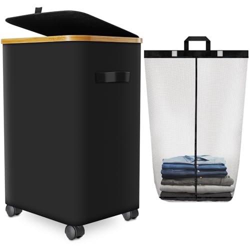 Laundry Hamper with Wheels,20 Gal (75L) Laundry Ba... (Black | Oxford fabric)