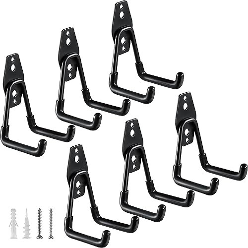 HUPBIPY Heavy Duty Garage Hooks 6 Pack, 2.8 inch Small U Shaped Hanger, Wall Mounted Storage System, Power and Garden Tool Organizer, for Hanging Ladders, Hose, Bulk Items and More
