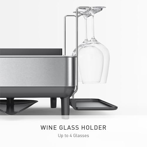 simplehuman Steel Frame Dishrack, Large Capacity Dish Drying Rack, 360º Easy Drain Swivel Spout, Utensil & Wine Glass Holder, Anti-Residue Coating, Moisture Control Surface, Brushed Stainless Steel