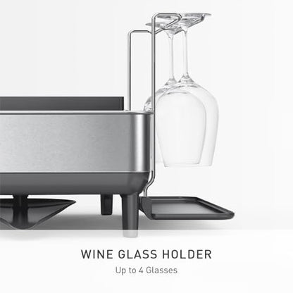 simplehuman Steel Frame Dishrack, Large Capacity Dish Drying Rack, 360º Easy Drain Swivel Spout, Utensil & Wine Glass Holder, Anti-Residue Coating, Moisture Control Surface, Brushed Stainless Steel
