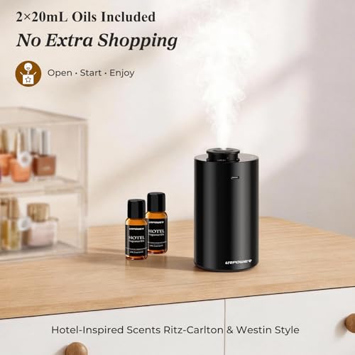 URPOWER Waterless Essential Oil Diffuser Cordless Mini Scent Diffuser 20mL | Includes 2 x 20mL Hotel-Inspired Essential Oils, Rechargeable Aluminum Waterless Diffuser for Car, Home & Office, Black
