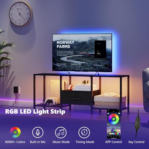 TV Stand with LED Lights, Entertainment Center with Open Shelves and Fabric Drawer, Media Console for 55 Inch TV, Television Stands for Living Room, Bedroom, Black