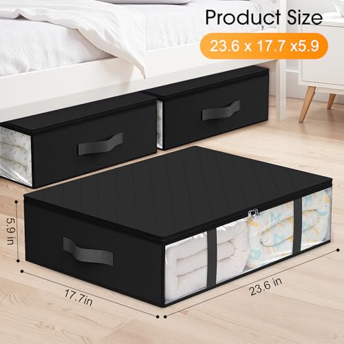 Under Bed Storage Bins, 3-Pack 40L Foldable Fabric Storage Bags with Transparent Window, Breathable Organizer for Clothes/Blanket/Comforter/Quiltr, Black
