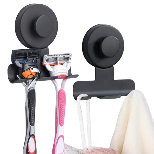 Razor Holder for Shower, Stainless Steel No-Drill Shaver Hook | Heavy-duty damage-free on tiles/glass; Holds razor/shaver, towel & loofah; Reusable, rust-resistant; 2Pcs Matte Black