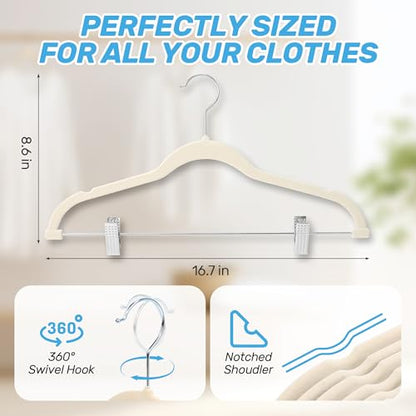 Velvet Pants Hangers 20 Pack with Adjustable Clips, Beige | Space-Saving Slim Felt Hangers; Heavy Duty Non-Slip Flocked Clothes Hangers; Pants, Skirts, Dresses, Jeans