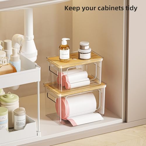 Trash Bag Holder Dispenser,Plastic Under Sink Organizer,Bamboo lid,Set of 3 | Stackable Pantry Organization,Storage Container for Kitchen Laundry Room,Set of 3 for 13/30/33 Gallon Bags