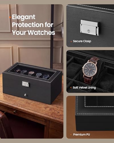SONGMICS HOME Watch Box, PU Watch Case Organizer with Glass Lid, Removable Pillows, Metal Clasp, 12 Slots, Black