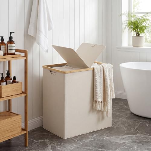 efluky Laundry Hamper with Lid, Double Laundry Basket with 2 Removable Bags, 2 Section Laundry Bin with Bamboo Handles for Bathroom, Bedroom & Laundry Room, 140L (36.9 Gallon) Beige