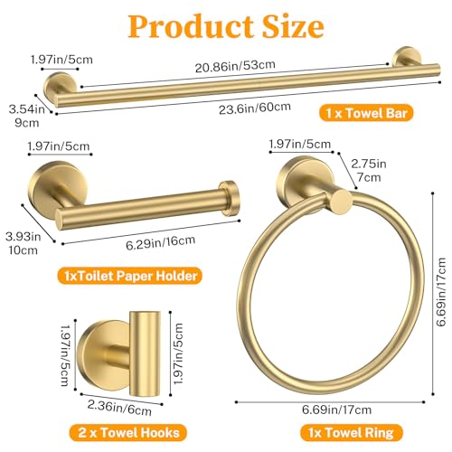 Brushed Gold Towel Bar Set 10 Pieces Round Bathroom Hardware Set Includes 23.6in Towel Bar Towel Ring Toilet Paper Holder Towel Hooks Stainless Steel Wall-Mounted Bathroom Towel Holder Set