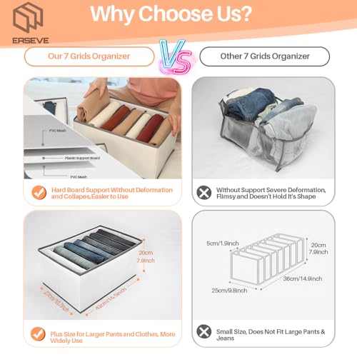 6 Pack Wardrobe Closet Organizer and Storage for Clothes - 7 Grids Foldable Drawer Dividers Organizers for Jeans | Pants | Shirts | Leggings, Stackable Clothing Bins for Closets Organization