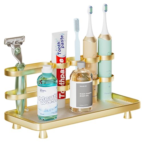 Electric Toothbrush Holder for Bathroom Countertop 5 Metal Slots Toothpaste Razor Mouthwash Organizer, Gold