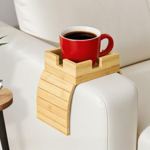 Bamboo Couch Cup Holder – Non-Slip Armrest Tray for Recliner & Loveseat – Large Caddy for Drinks, Cell Phone, and TV Remote(Large)