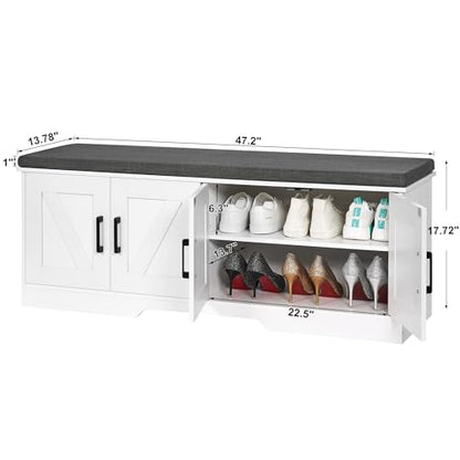 HOMSHO Farmhouse Shoe Storage Bench with 4 Barn Doors & Padded Seat Cushion | 47.2" Wide Entryway Bench with Adjustable Shelves & Hidden Storage, White