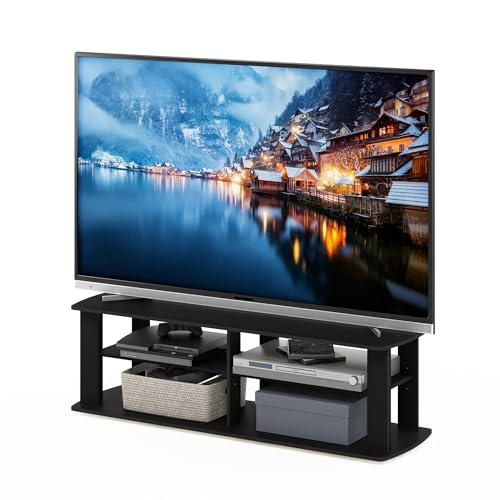 Furinno Nelly TV Stand, 3-Tier Entertainment Center with Open Shelves Storage, TV Console for TV up to 55 Inch, Soft Edges, for Living Room, Bedroom, Black
