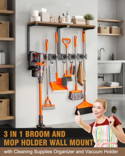 Large Broom Holder Wall Mount with Shelf, Vacuum Organizer, 5 Slots 5 Hooks | Black, 3-In-1 Wall Mount Stores Brooms/Mops/Vacuum, Cleaning Supplies With 5 Grippers/5 Hooks And A Sturdy Wooden Top Shelf